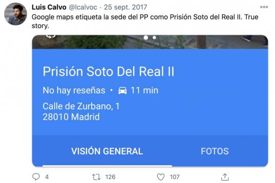 Si escribes "Prisión Soto del Real II" y das a 'buscar', el programa te lleva directamente a la calle Zurbano 1. Es la calle que hace esquina con la calle Génova, justo a la altura de la sede del PP en Madrid.
