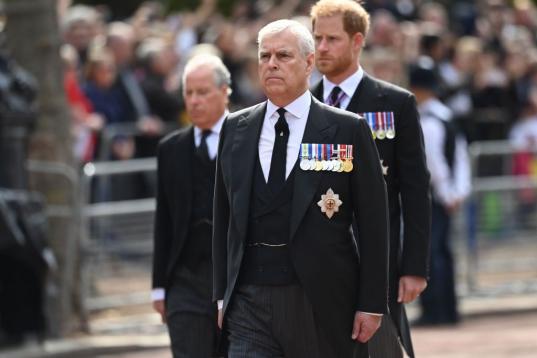 El tercer hijo de la reina Isabel II, el príncipe Andrés, y tras él, el príncipe Harry. Ellos son los dos únicos miembros del cortejo principal que no lucían uniforme militar.