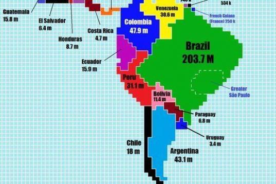 Este mapa casi respeta fielmente la representación convencional de esta región en el mapa, pero destaca el mayor tamaño de Ecuador respecto a los países de su entorno.