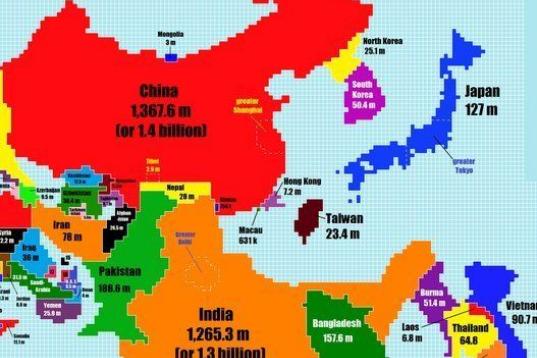 Estamos acostumbrados a ver la vasta extensión que ocupa China en el mapa, pero lo usual es que Japón apenas sea una franja estrechita frente a su costa. Sin embargo, aquí se puede ver la alta densidad de este país, así como la de Corea del...