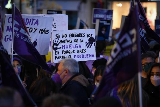 VALENCIA, SPAIN - MARCH 08: A group of women hold banners at a demonstration for 8M, International Women's Day, on March 8, 2022, in Valencia, Valencian Community, Spain. As every year, the streets of Valencia are filled with people who want to ...