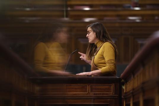 MADRID, SPAIN - SEPTEMBER 29: The deputy of the CUP, Mireia Vehi, speaks in a plenary session, in the Congress of Deputies, on 29 September, 2022 in Madrid, Spain. During the plenary session, a vote was taken on the validation or repeal of Royal...