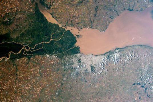 Esta foto capturada por la NASA desde la Estación Espacial Internacional muestra el delta del río Paraná en la costa Atlántica de Argentina. 