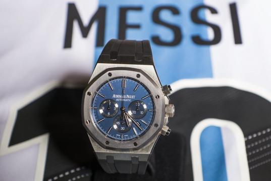 The Royal Oak Chronograph Leo Messi No. 10 by Audermas Piguet, is pictured with the jersey of the national soccer team of Argentina during an auction preview at Sotheby's in Geneva, Switzerland, Tuesday, May 7, 2013. The sale is scheduled on May...