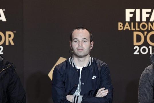 From left: Portugal's Christiano Ronaldo, Spain's Andres Iniesta and Argentina's Lionel Messi, the nominees for the FIFA Men's World Soccer Player of the Year Award, attend a press conference during the FIFA Ballon d'Or Gala 2013 held at the Kon...