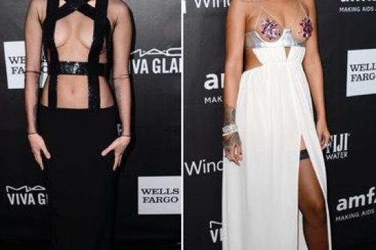 Si Rihanna abrió bocas con su diseño transparente en los CFDA, su duelo con Miley Cyrus en la gala amfAR no se quedó atrás.