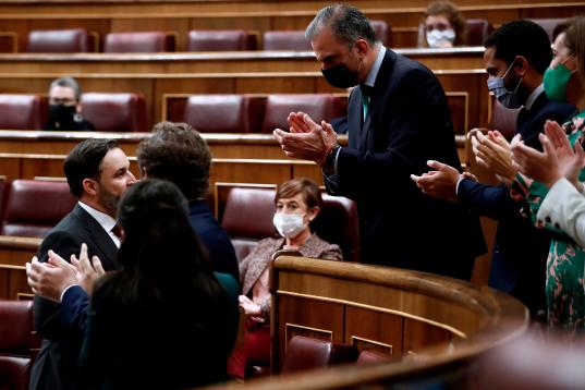El líder de Vox, Santiago Abascal, aplaudido por su bancada tras su intervención.