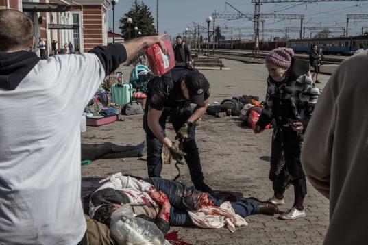 KRAMATORSK, UKRAINE - APRIL 08: (EDITORS NOTE: Image depicts death) A view of the scene after over 30 people were killed and more than 100 injured in a Russian attack on a railway station in eastern Ukraine on April 8, 2022. Two rockets hit a st...