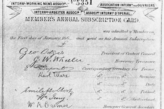 Carnet de miembro de la Asociación Internacional de Trabajadores (1860), firmado por Karl Marx como secretario en Alemania. 
