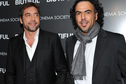FILE - I this Dec. 1, 2010 file photo, actor Javier Bardem, left, and director Alejandro Gonzalez Inarritu attend a special screening of their film "Biutiful" in New York. (AP Photo/Evan Agostini, file)