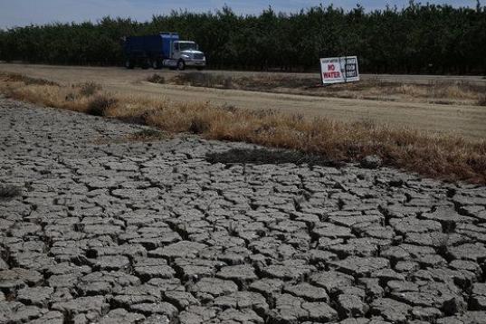 La tierra seca y agrietada de lo que un día fue el lago Hensley asoma el 23 de abril de 2015 en Raymond, California. El estado entre en su cuarto año de sequía severa, las reservas estatales menguan por la falta de nieves de la Sierra y las e...