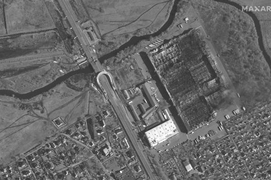 La situación en Stoyanka, captada por el satélite Maxar Technologies.