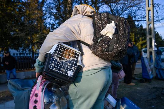 Una refugiada ucraniana llega con sus pertenencias y su mascota a Hungría