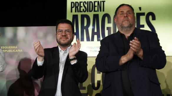 Pere Aragonès y Oriol Junqueras, en un mitin de la campaña electoral catalana