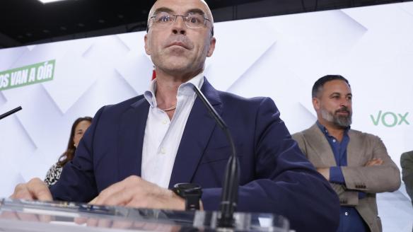 El cabeza de lista de Vox a las elecciones europeas, Jorge Buxadé, durante su comparecencia ante los medios en la sede de Vox, tras conocerse los resultados de las elecciones europeas.