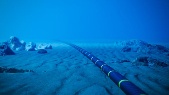 Cable de fibra óptica submarino en el fondo del océano.