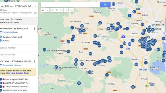 Detalle del mapa creado para encontrar a las personas desaparecidas o incomunicadas por la DANA.