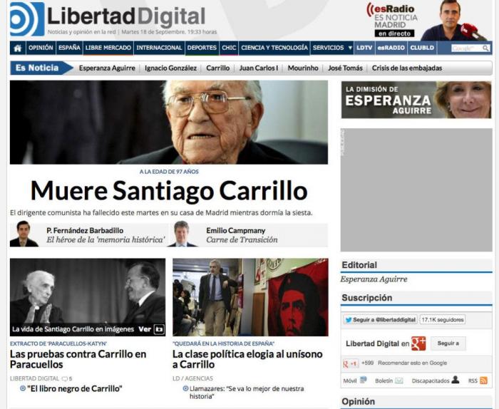 Muere Santiago Carrillo: IU alaba su figura y el resto de formaciones expresan su pesar