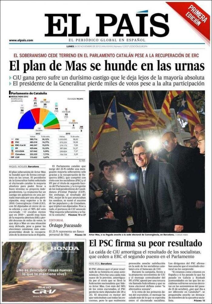 Elecciones Cataluña 2012: El 26-N en las portadas de la prensa (FOTOS)