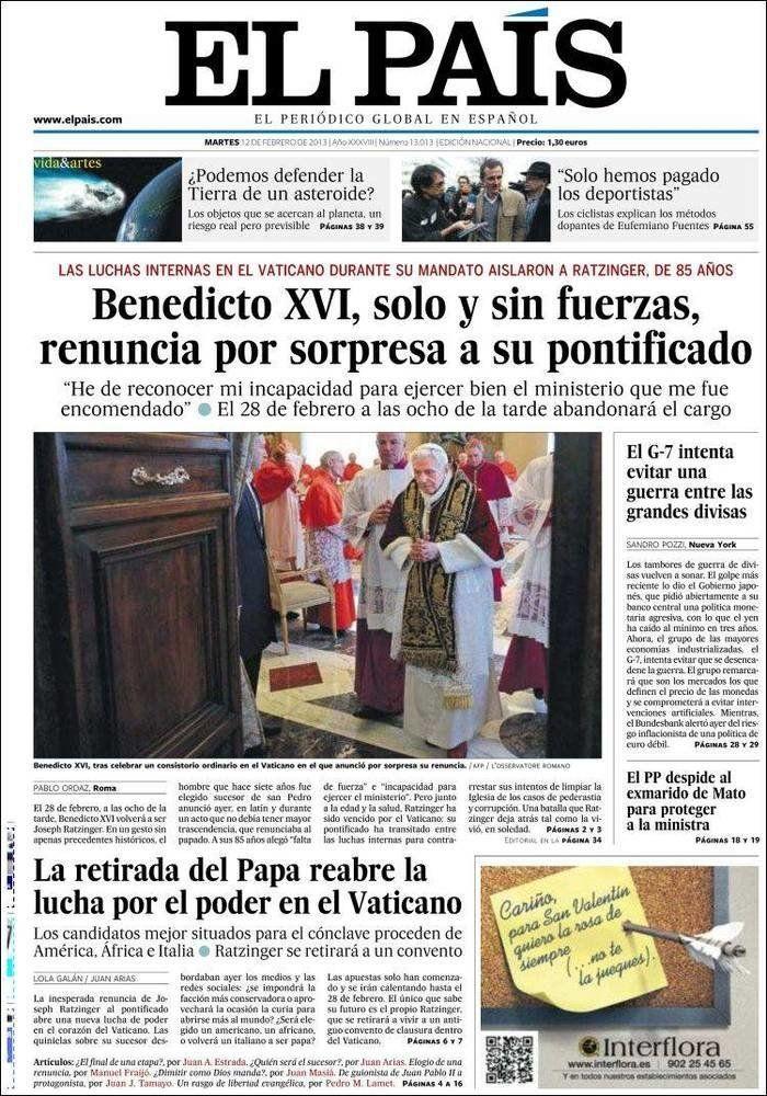 El papa dimite: La renuncia de Benedicto XVI, en los periódicos del mundo (FOTOS)