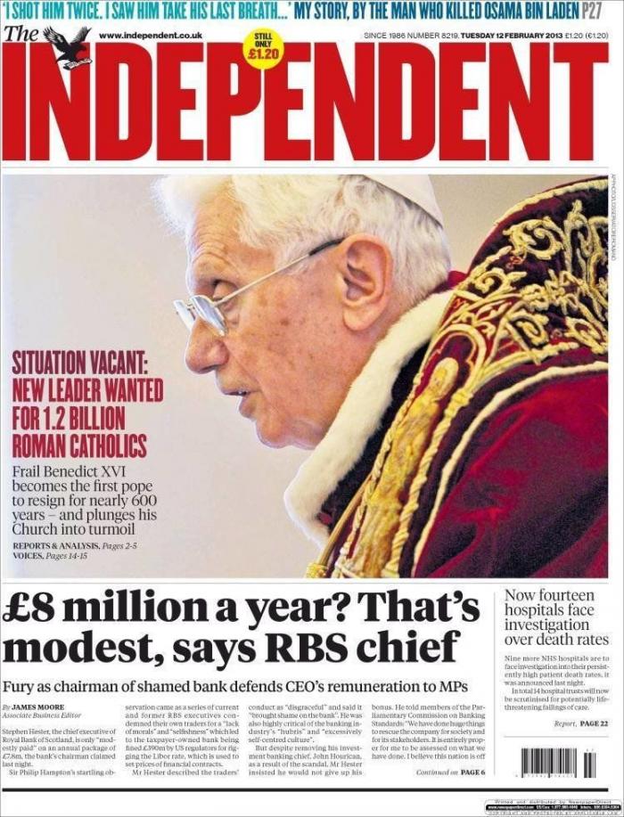 El papa dimite: La renuncia de Benedicto XVI, en los periódicos del mundo (FOTOS)