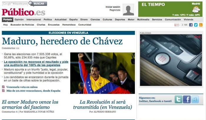 'Venezuela elige a Maduro por la mínima' y otras portadas web nacionales