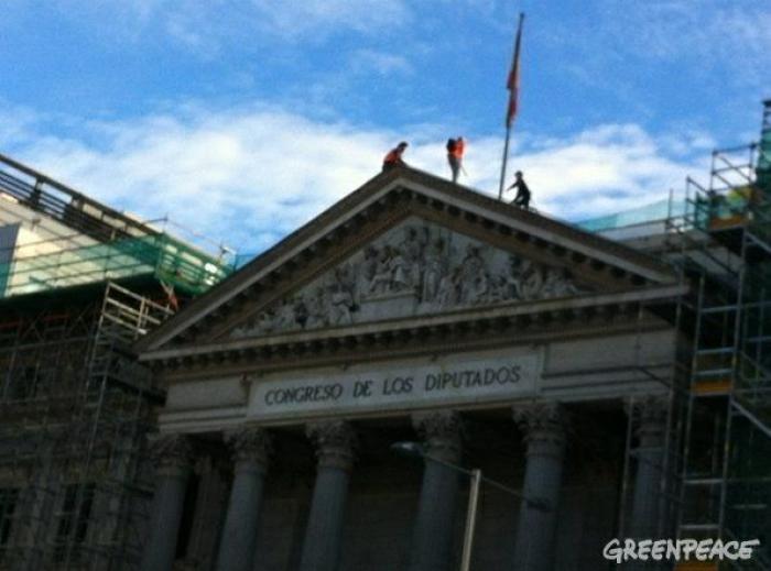 Greenpeace amordaza a los leones del Congreso contra la Ley de Seguridad