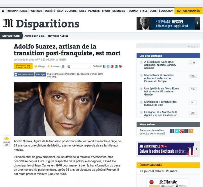 La muerte de Suárez en la prensa extranjera: "Llevó a España a la democracia"