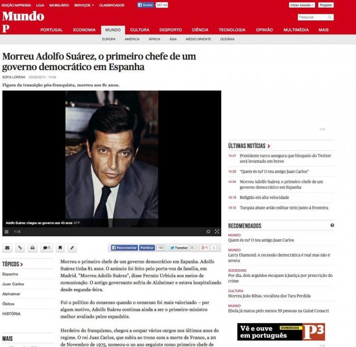La muerte de Suárez en la prensa extranjera: "Llevó a España a la democracia"