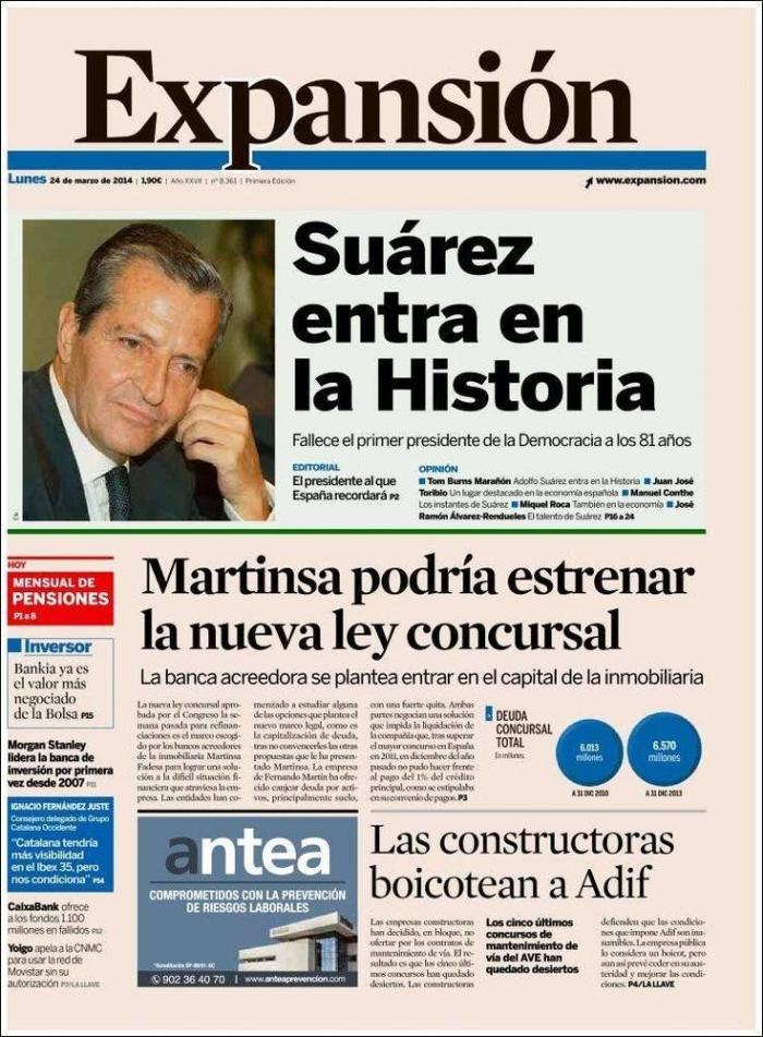 La prensa despide a Suárez: Desde el "mito" a una gran bandera de España (FOTOS)