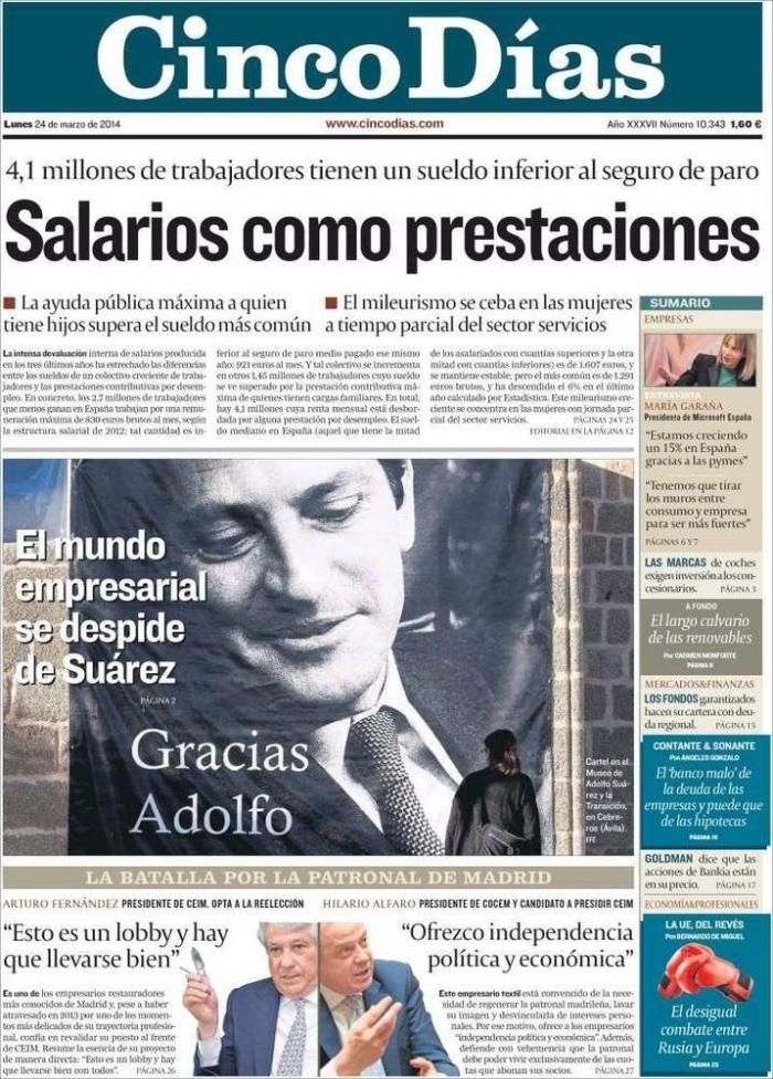 La prensa despide a Suárez: Desde el "mito" a una gran bandera de España (FOTOS)
