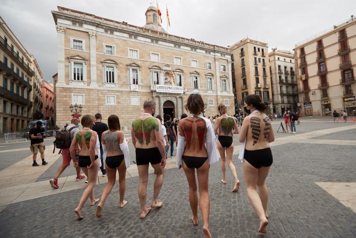 Varios animalistas se desnudan en Barcelona para pedir fuegos artificiales sin sonido