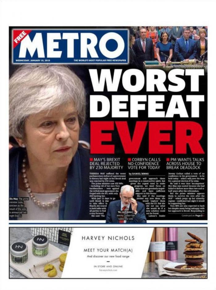 Las portadas de la derrota histórica de May en el Parlamento