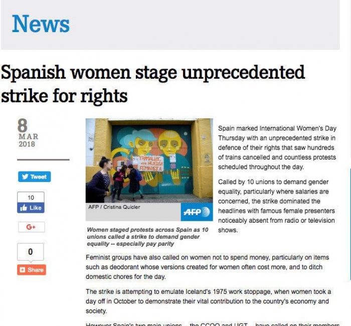 La huelga española del 8-M, en los principales medios internacionales: 'New York Times', CNN, 'The Guardian'...