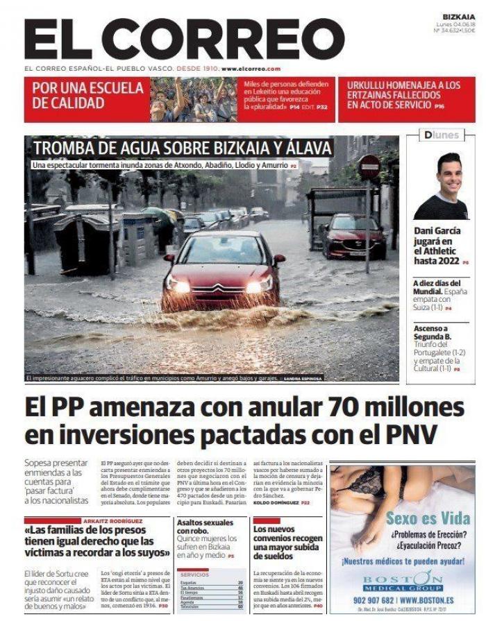 El cabreo del PP con el PNV domina las portadas del lunes 4 de junio