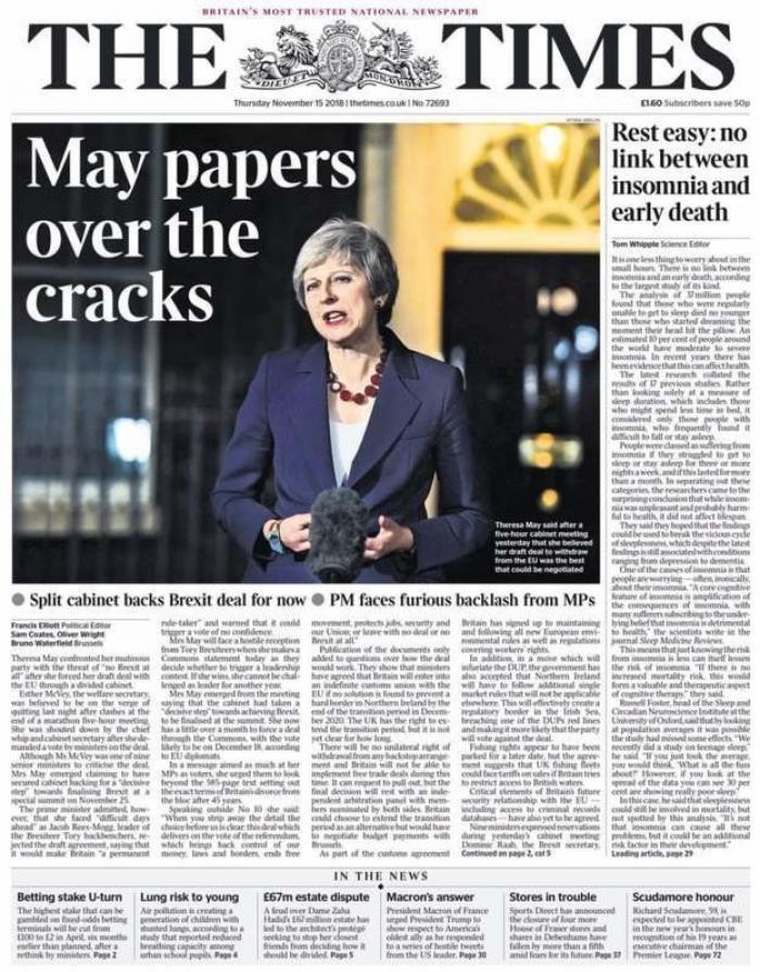 Las portadas británicas del acuerdo del Brexit: de "estamos en el Breximierda" a "toma a May o échala"