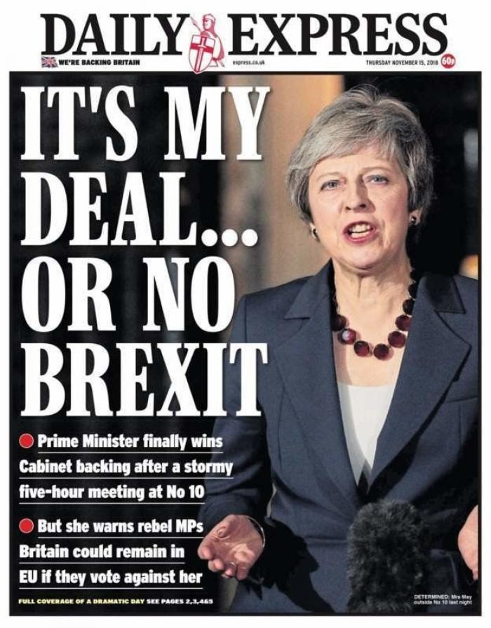 Las portadas británicas del acuerdo del Brexit: de "estamos en el Breximierda" a "toma a May o échala"