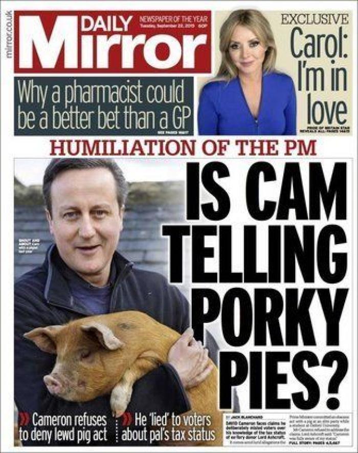 La prensa británica se mofa de Cameron y su 'Piggate'
