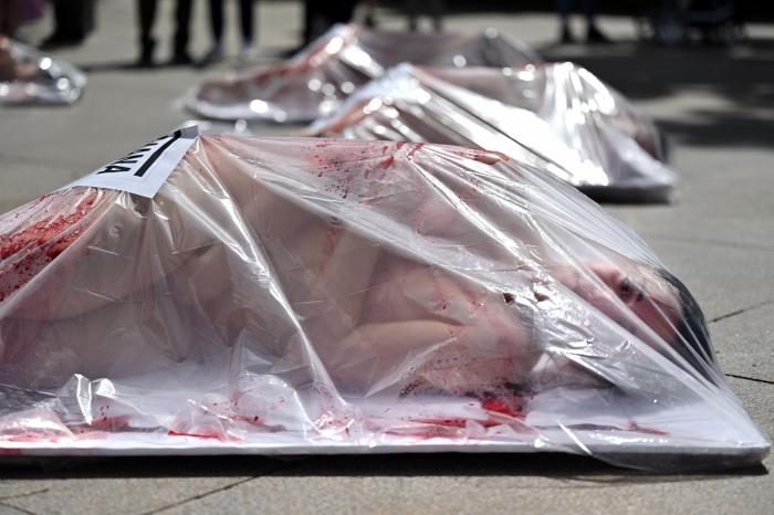 Un grupo de activistas se desnudan y se 'envasan' contra el consumo masivo de carne
