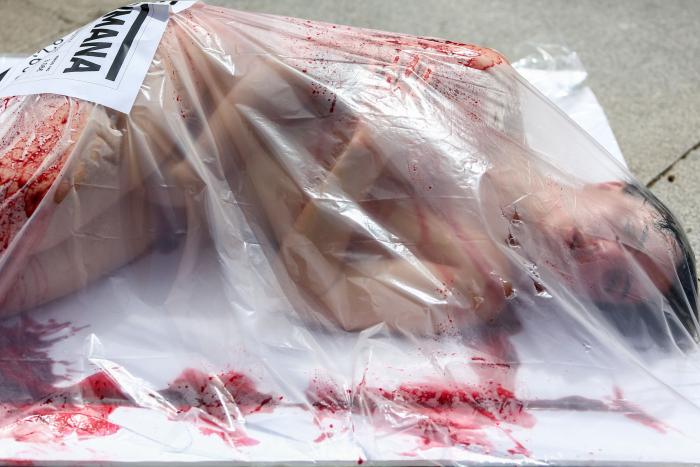 Un grupo de activistas se desnudan y se 'envasan' contra el consumo masivo de carne