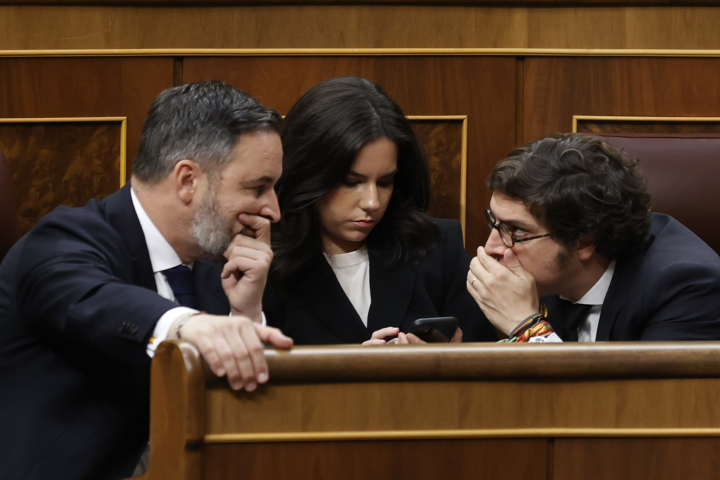 El líder de Vox, Santiago Abascal, conversa con su portavoz parlamentaria, Pepa Millán, y con el diputado José Maria Figaredo.