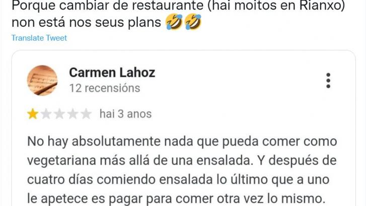 Recuperan la reseña que una vegetariana dejó en un restaurante gallego y el consejo es obvio