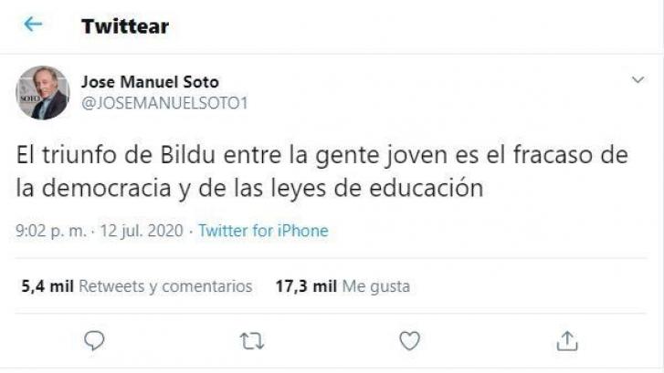Un diputado de Bildu responde a este difundido tuit de José Manuel Soto