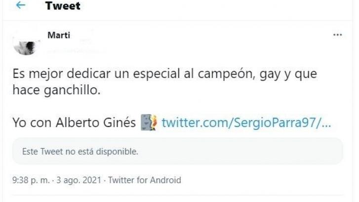 Alberto Ginés, medalla de oro también en Twitter por su brutal respuesta a este comentario