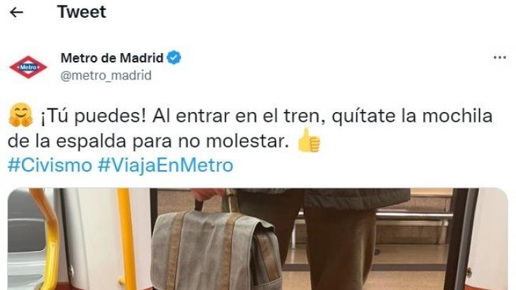 Metro de Madrid publica este tuit sobre cómo llevar la mochila y las respuestas son instantáneas