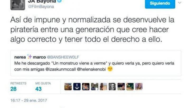 Bayona responde así a una chica que pirateó 'Un monstruo viene a verte'