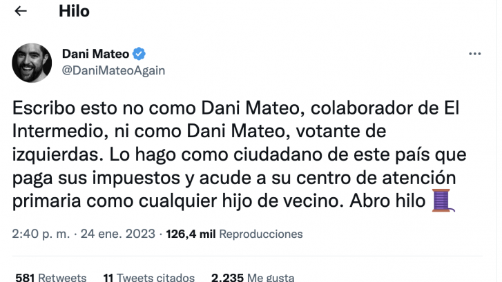 Dani Mateo cuenta lo que le ha pasado al ir al médico en Madrid
