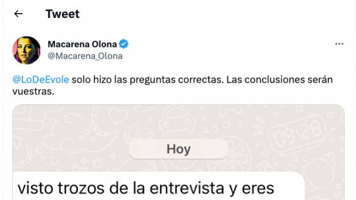 Macarena Olona muestra el impensable mensaje de WhatsApp que ha recibido por su entrevista con Évole