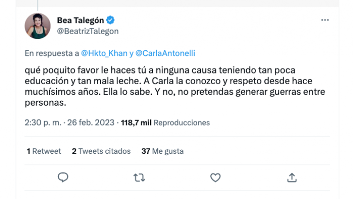 Carla Antonelli desbarata con su respuesta este tuit de Beatriz Talegón y le llueven los 'me gusta'