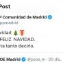 El PP de Ayuso critica al PSOE por desear unas "felices fiestas" y muchos se acuerdan este tuit de hace ocho años